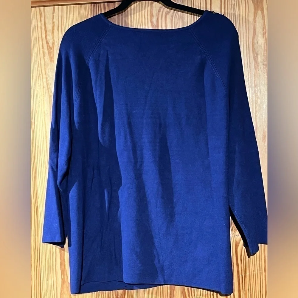 Vintage Koret Embellished Jeweled Neck Cobalt Blue 3/4 Sleeve Knit Sweater